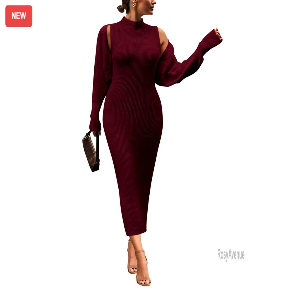 Knit Maxi Dress Set With Cropped Cardigan, Mock Neck, Long Sleeve